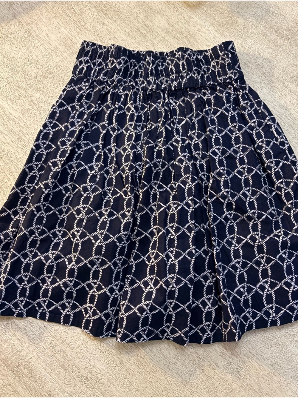 Smocked Waist Navy A-Line Skirt with White Rope Chain Print